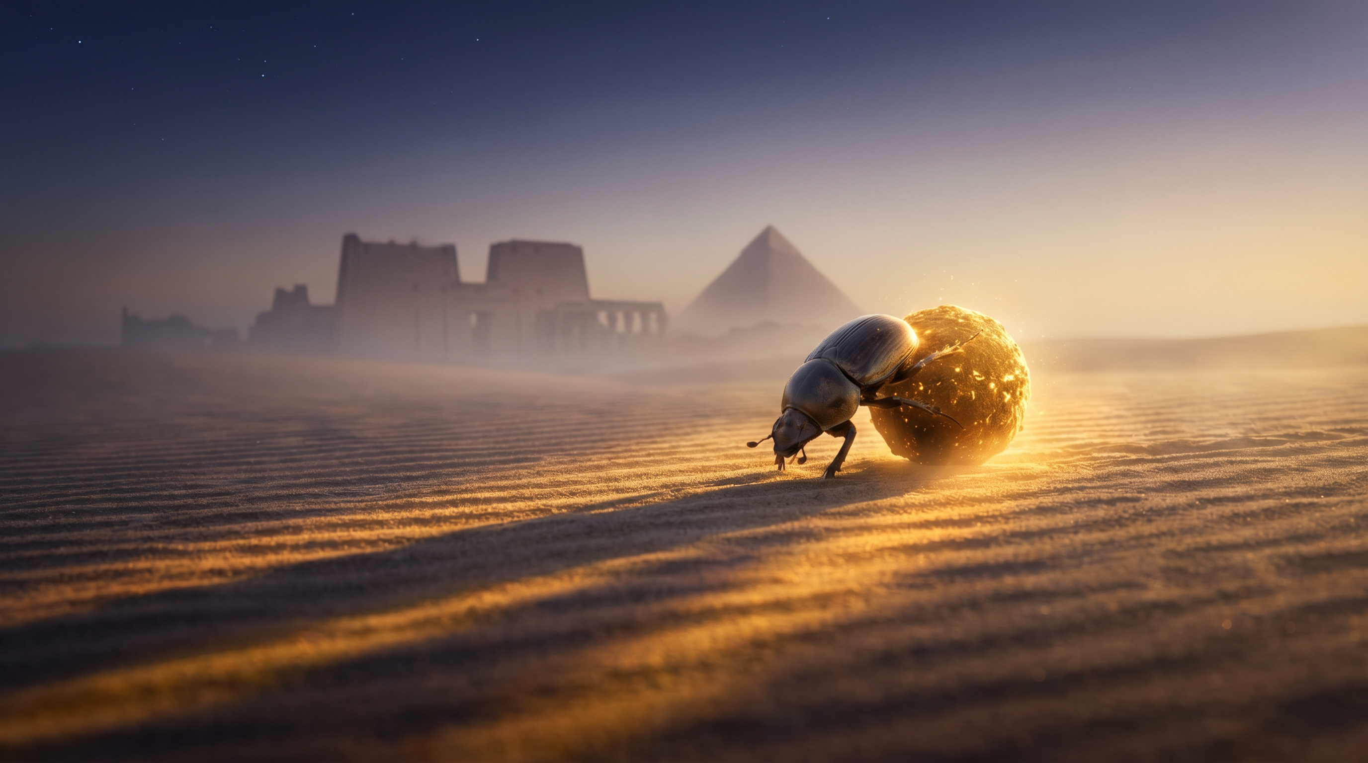A sacred scarab beetle pushing a glowing ball of dung across the desert at dawn, with ancient Egyptian temple ruins in the background.
